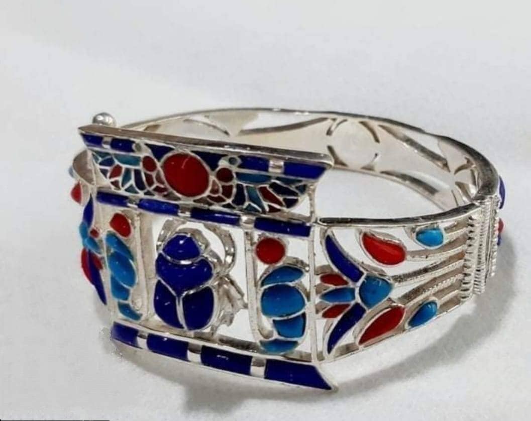 Handmade Silver 925 Scarab Bracelet with Double Sided King Cobra With Natural Gemstones