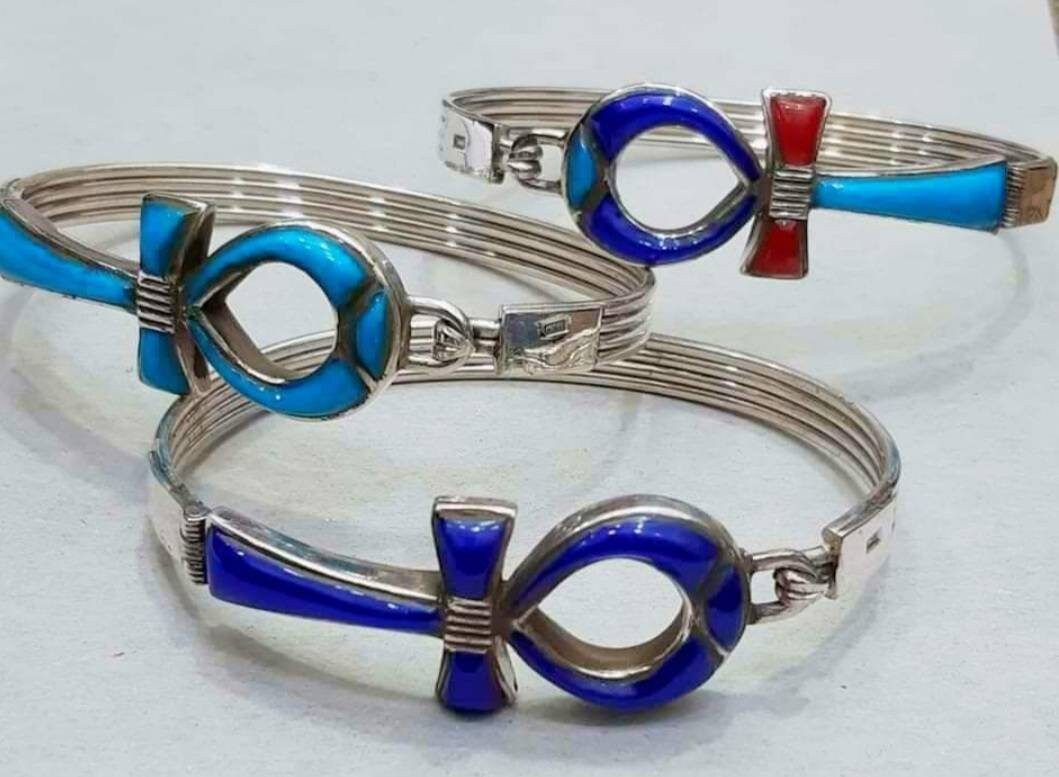 Handmade Egyptian Sterling Silver 925 Ankh Bracelet With Natural Gemstone - Thumbnail 6