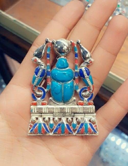 Egyptian Handmade Sterling Silver 925 Scarab Necklace With Sided Cobra With Gemstones - Thumbnail 2