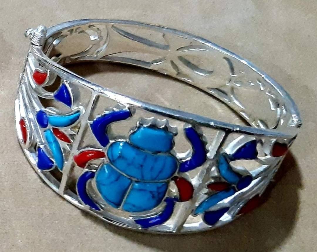 Egyptian Handmade Sterling Silver 925 Scarab With Lotus Flower Bracelet - Thumbnail 3