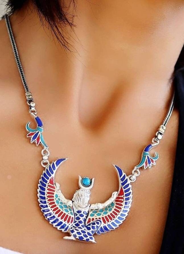 Egyptian Handmade Sterling Silver 925 Winged Goddess Isis Necklace - Thumbnail 2