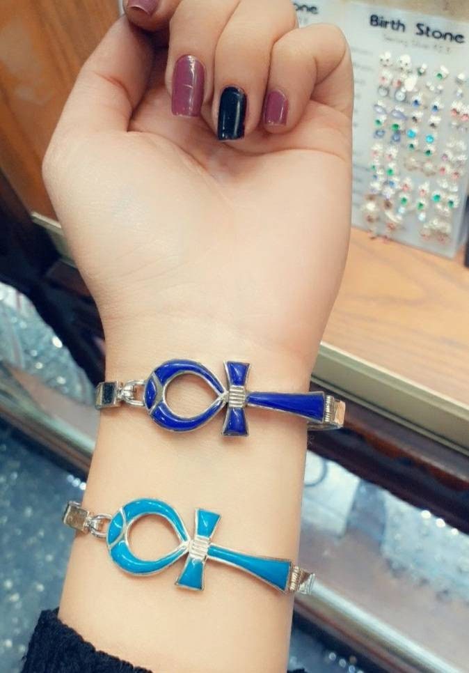Handmade Egyptian Sterling Silver 925 Ankh Bracelet With Natural Gemstone