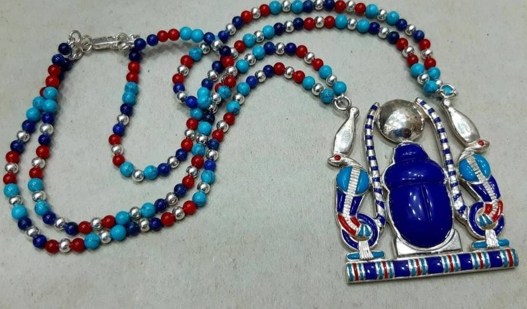 Egyptian Hand made Silver Scarab Necklace with Dual Cobra. - Thumbnail 2