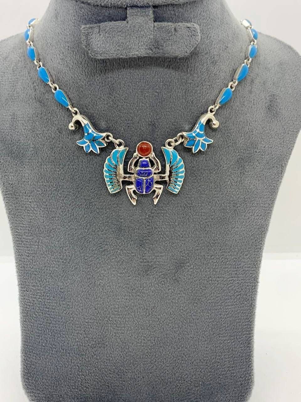 Handmade Egyptian Sterling Silver 925 Wingged Scarab With Lotus Chain Necklace - Thumbnail 3