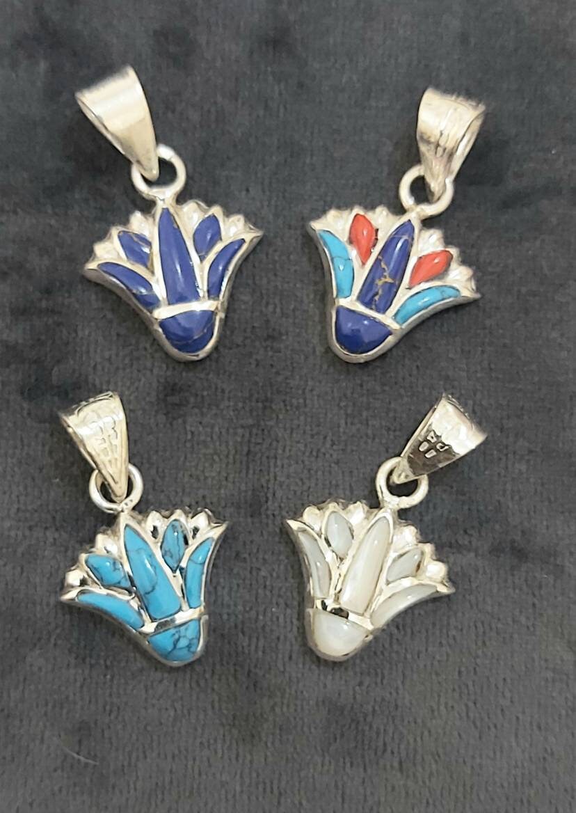 Egyptian Handmade Sterling Silver 925 Lotus Flower Pendant With Gemstones - Thumbnail 3