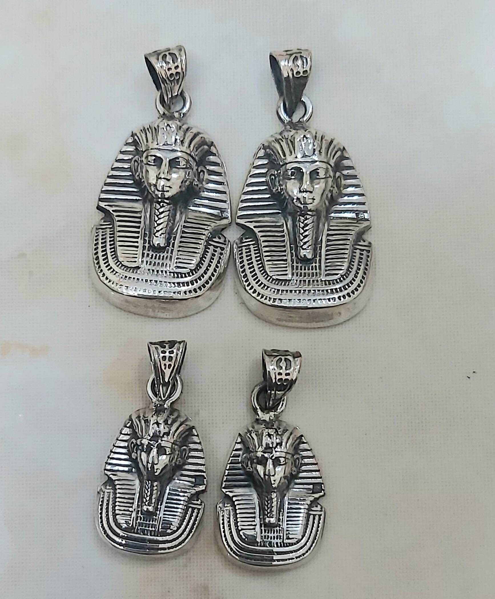 Handmade Egyptian Sterling Silver 925 Oxidized Tutankhamun Mask Pendant - Thumbnail 4