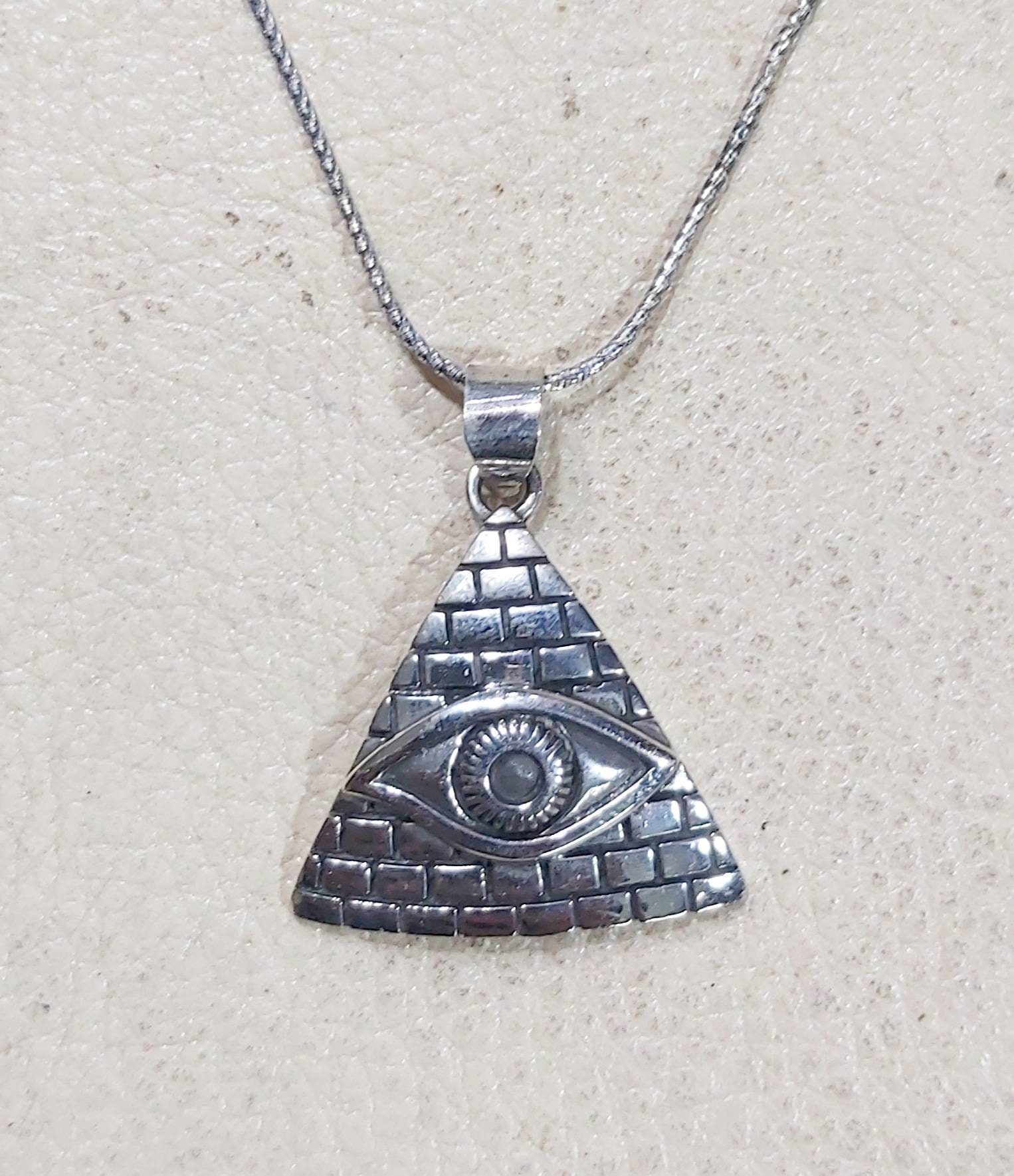 Egyptian Handmade Sterling Silver 925 Oxidized 3D Pyramides With Eye Of Horus Pendant - Thumbnail 2