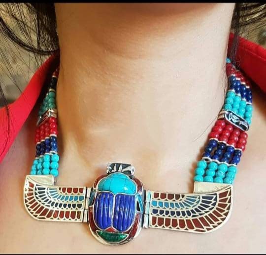 Egyptian Handmade Silver Winged Scarab Necklace - Image 1