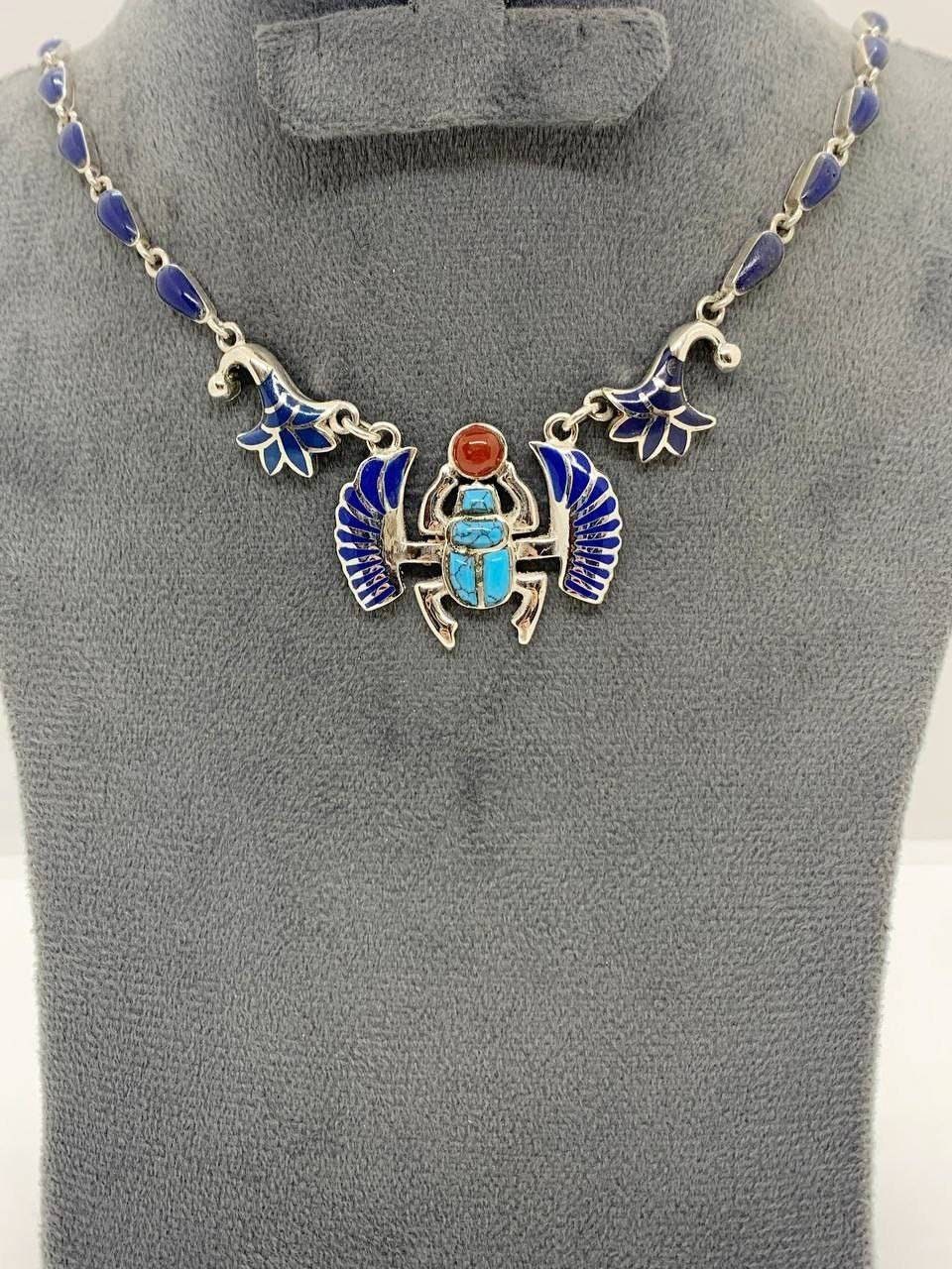 Handmade Egyptian Sterling Silver 925 Wingged Scarab With Lotus Chain Necklace - Thumbnail 5