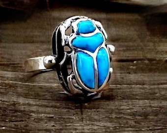 Bague scarabée égyptienne faite main en argent 925 avec pierres précieuses, bague scarabée Khepri. Art égyptien. Fabriqué en Egypte