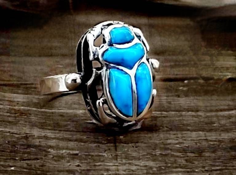 Egyptian Handmade Silver 925 Scarab Ring With Gemstone.Egyptian art.Made in Egypt - Thumbnail 2