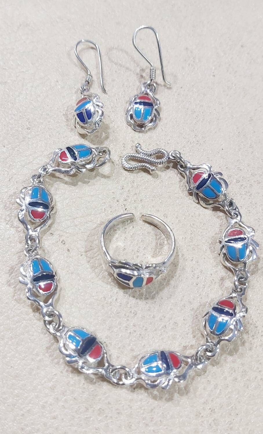 Egyptian Handmade Sterling Silver 925 Scarab Jewelry sets( Bracelet-Earring-Ring) - Thumbnail 2