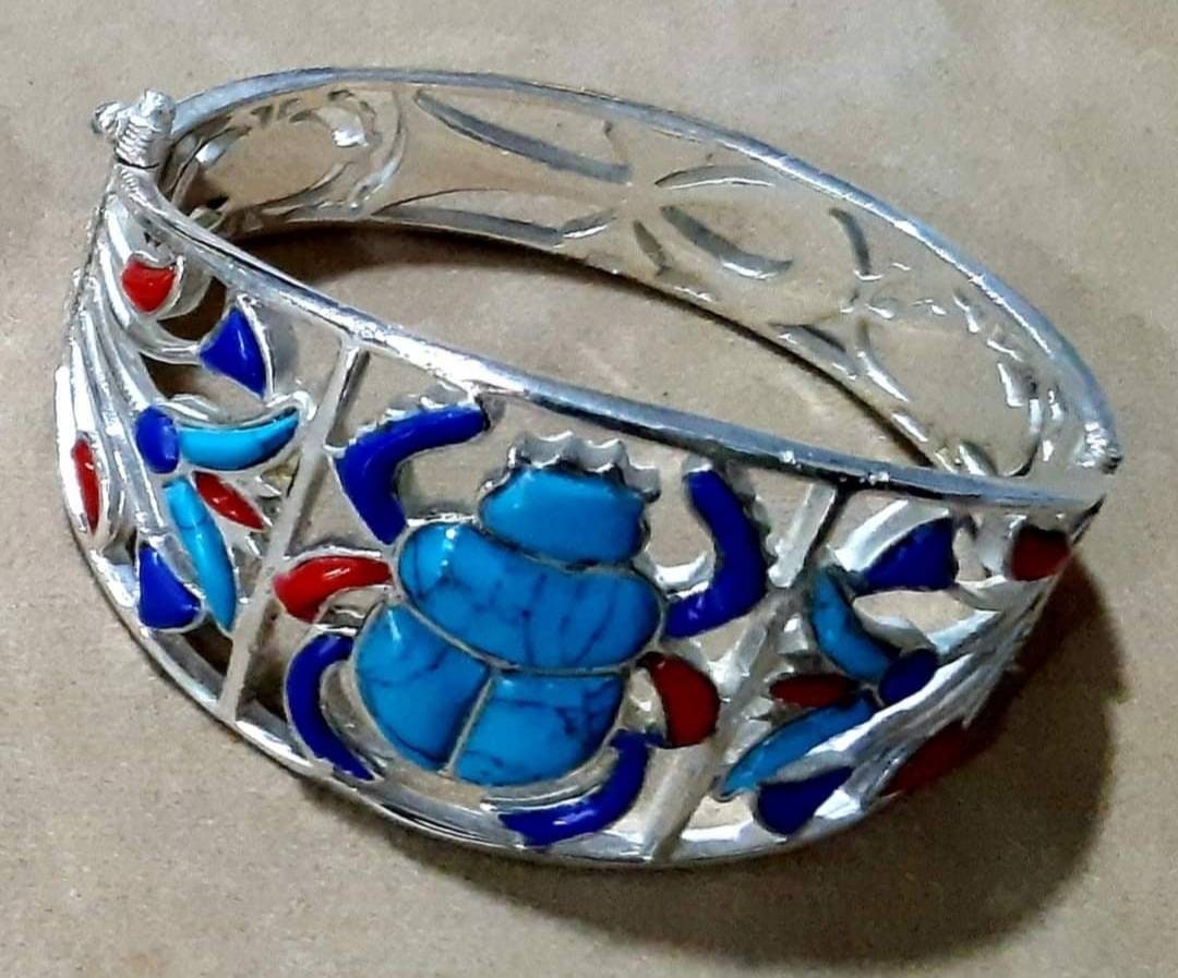 Egyptian Handmade Sterling Silver 925 Scarab With Lotus Flower Bracelet - Thumbnail 6