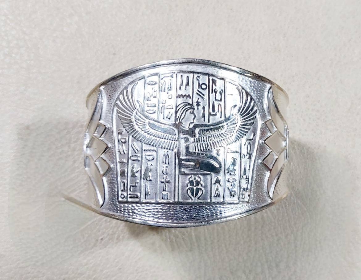Egyptian Handmade Sterling Silver 925 Winged Isis Cuff  Bracelet - Thumbnail 4