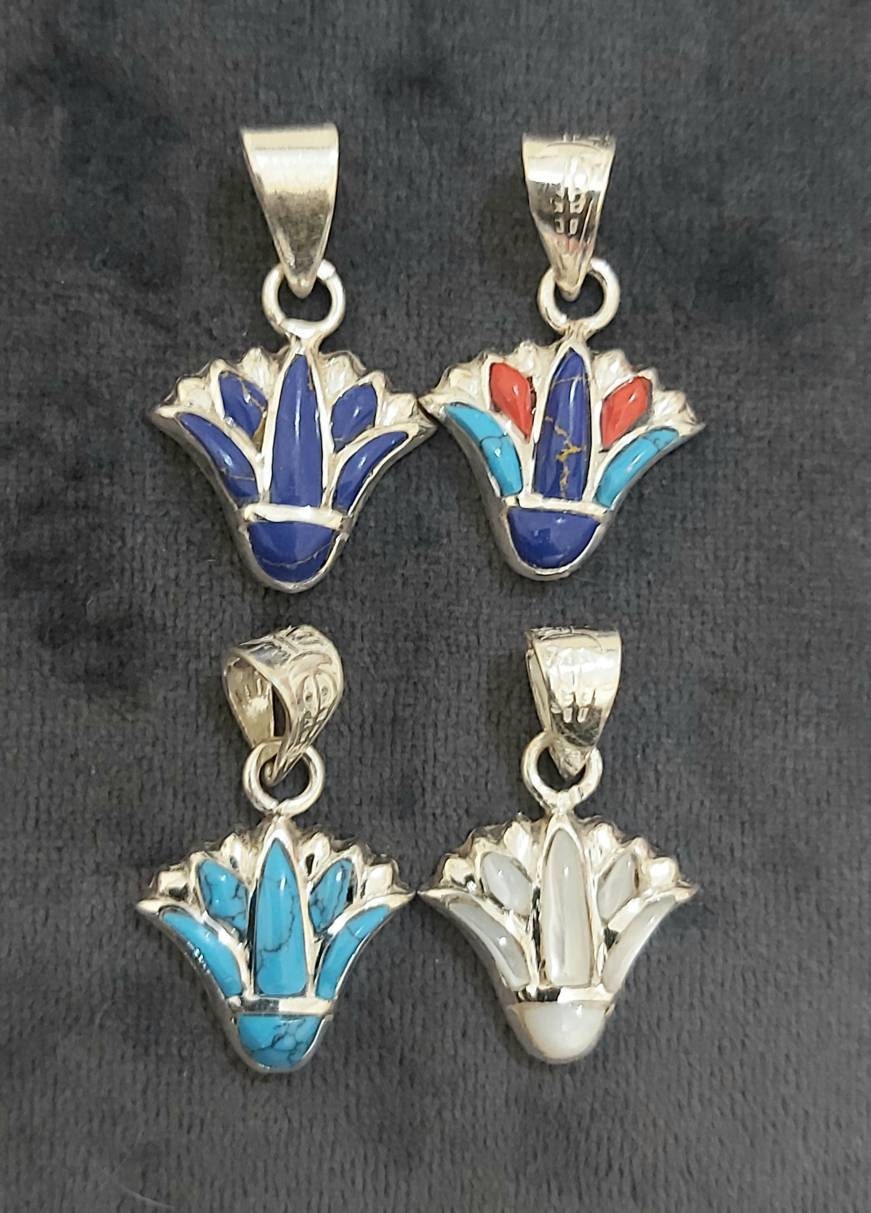Egyptian Handmade Sterling Silver 925 Lotus Flower Pendant With Gemstones - Thumbnail 6