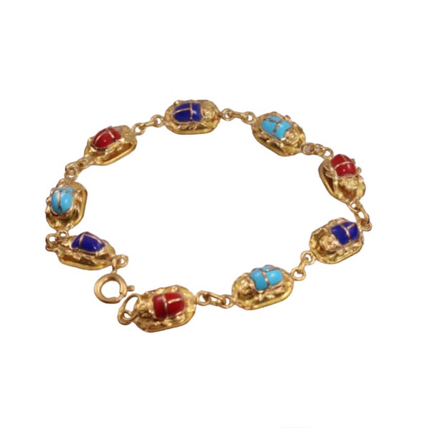 Handmade Egyptian 18K Multi Color Scarab Bracelet,Beetle Khepri Bracelet With Gemstones.