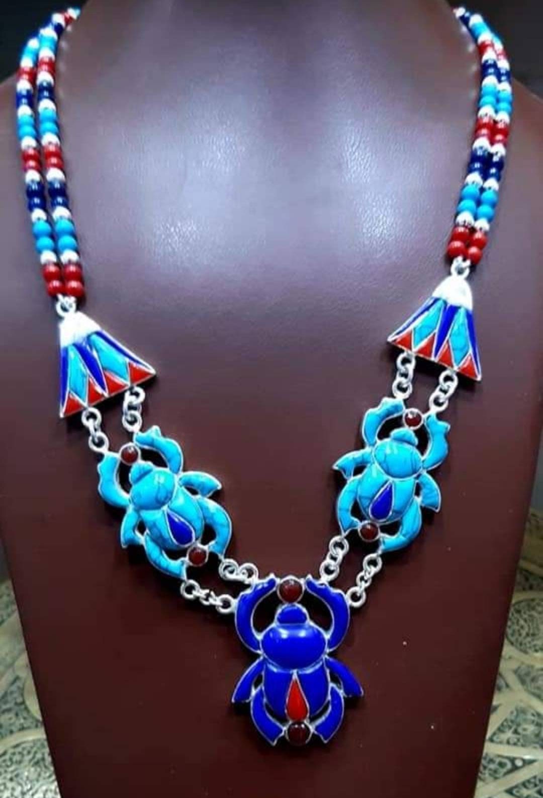 Egyptian Handmade Sterling Silver 925 Scarab Necklace With Gemstone - Thumbnail 3