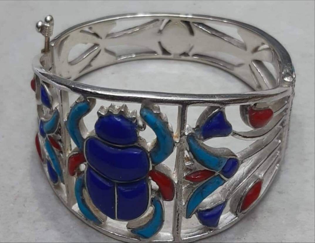 Egyptian Handmade Sterling Silver 925 Scarab With Lotus Flower Bracelet - Thumbnail 4