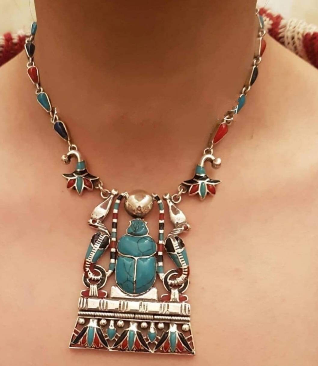 Egyptian Handmade Sterling Silver 925 Scarab Necklace With Sided Cobra With Gemstones