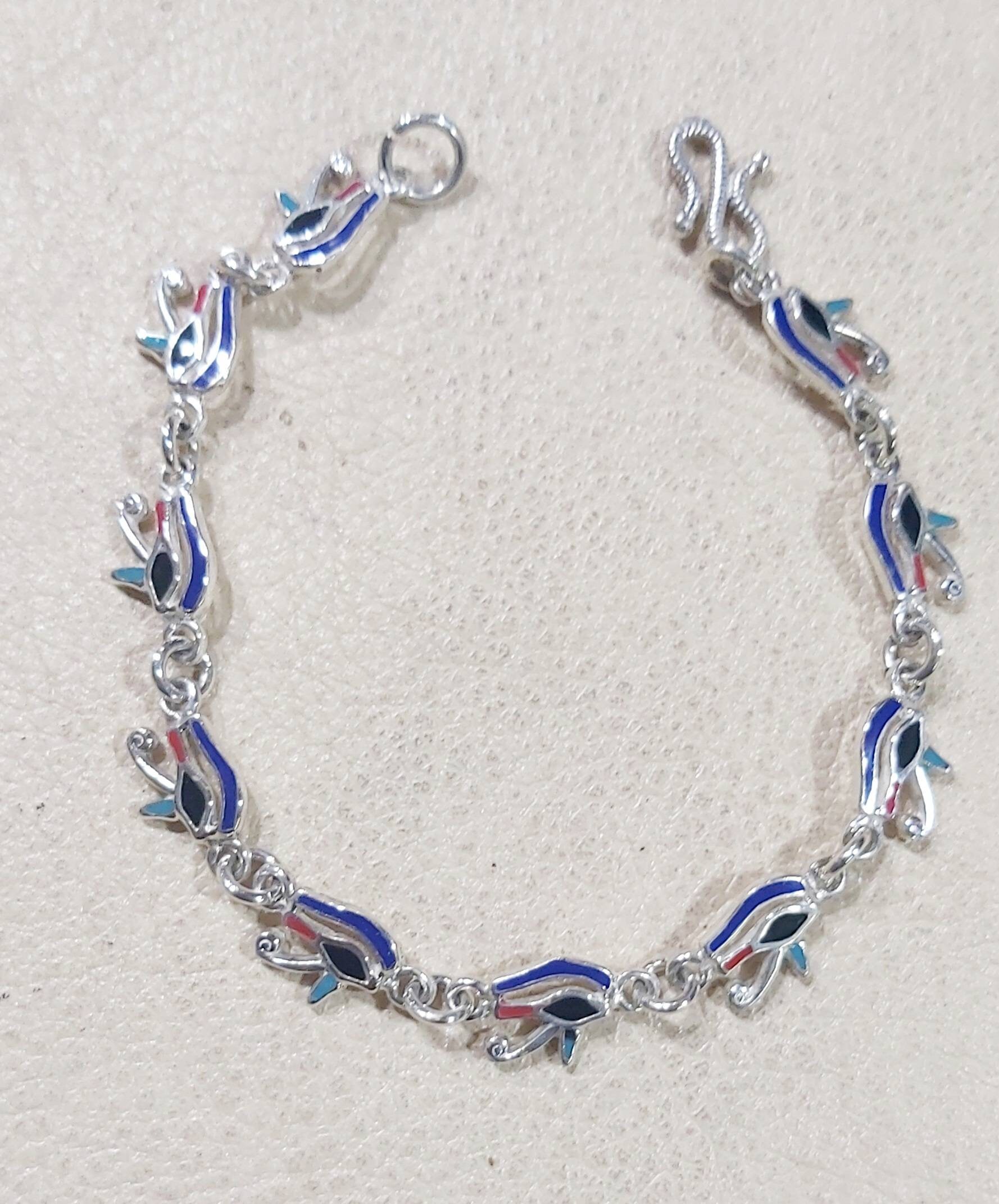 Egyptian Handmade Sterling Silver 925 Handmade Eye of Horus Bracelet And Earring And Free Size Ring - Thumbnail 3