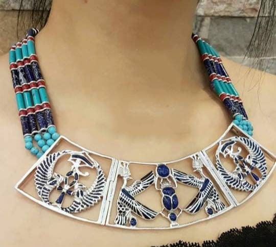 Egyptian Handmade Sterling Silver Scarab With Winged Isis Necklace