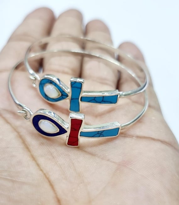 Handmade Egyptian Sterling Silver 925 Ankh Bracelet With Natural