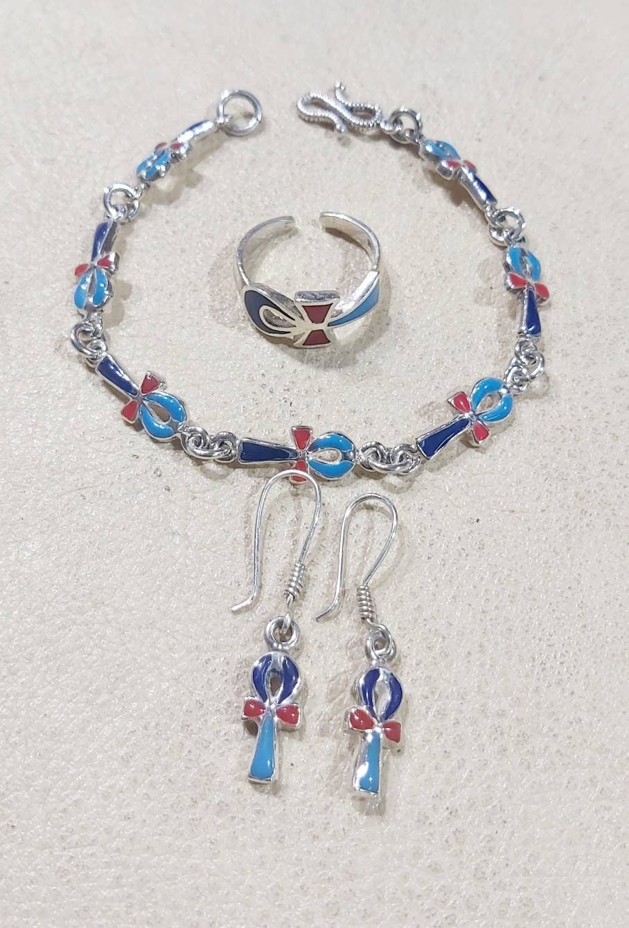 Handmade Egyptian Sterling Silver 925 Key of Life Jewlery Set( Earring-Bracelet-Ring)