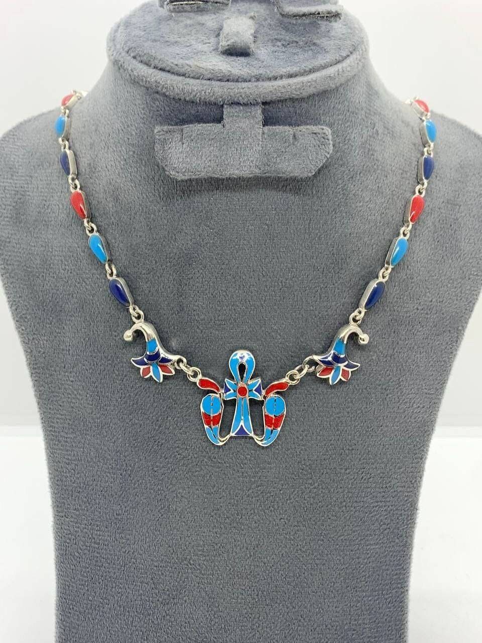 Handmade Egyptian Sterling Silver 925 Key of life With Double Sided Cobra and Lotus Necklace - Thumbnail 3