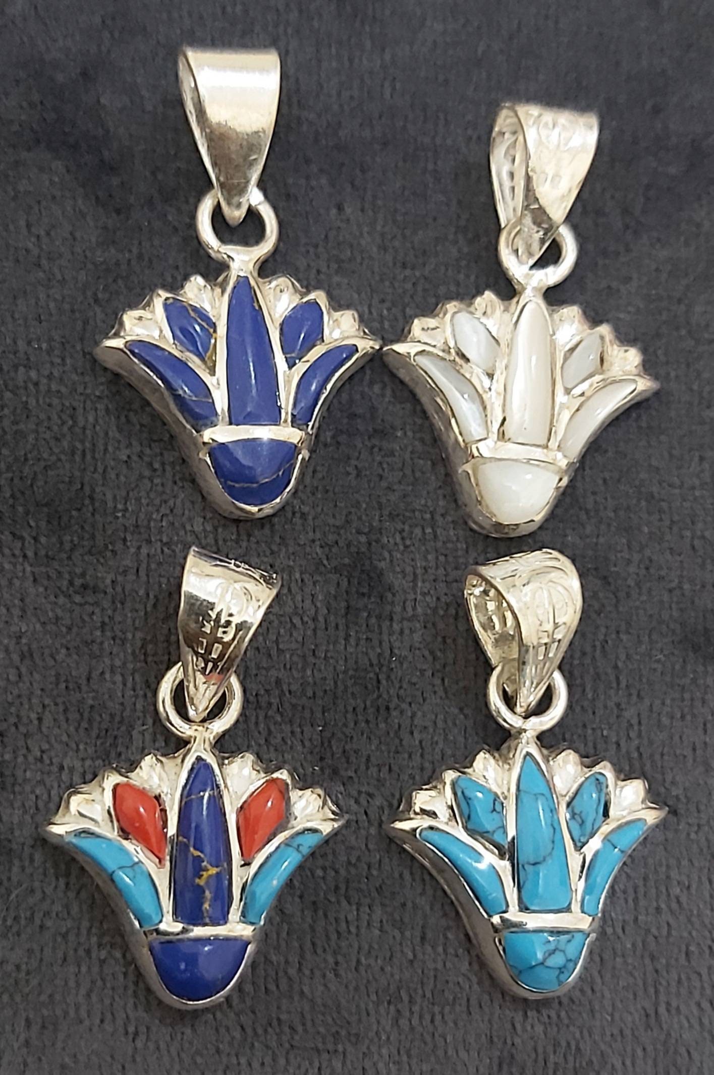 Egyptian Handmade Sterling Silver 925 Lotus Flower Pendant With Gemstones - Thumbnail 7
