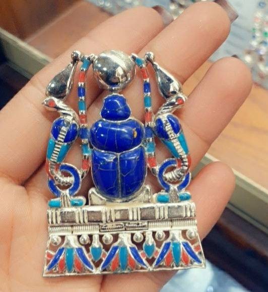 Egyptian Handmade Sterling Silver 925 Scarab Necklace With Sided Cobra With Gemstones - Thumbnail 3