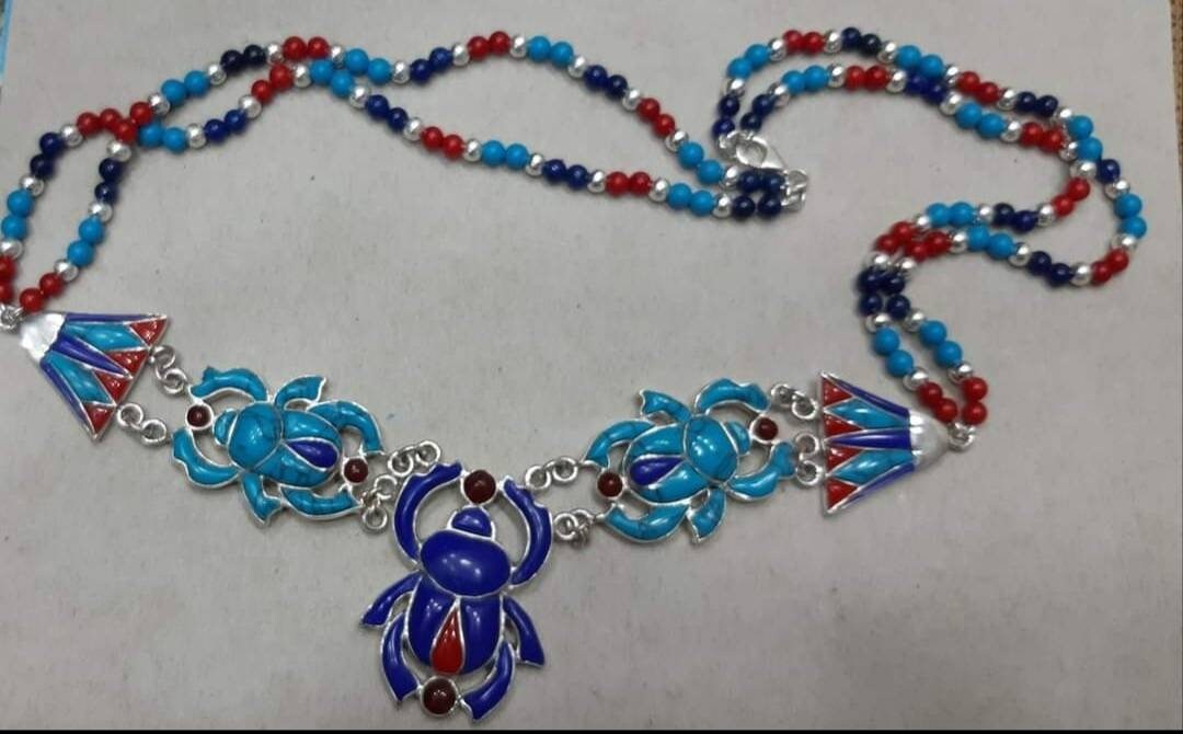 Egyptian Handmade Sterling Silver 925 Scarab Necklace With Gemstone - Thumbnail 2