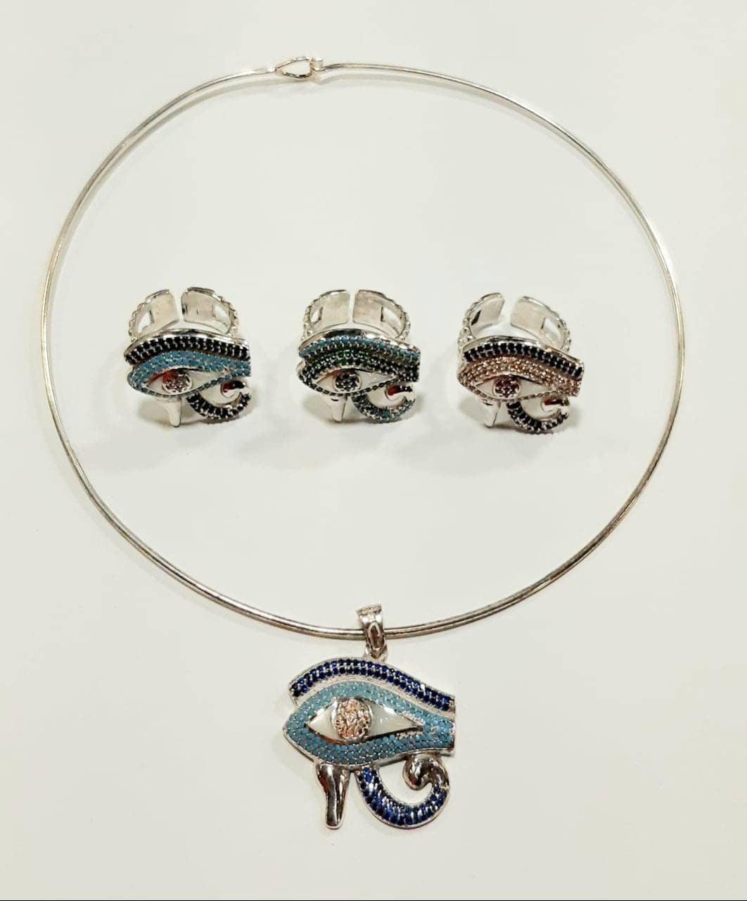 Handmade Egyptian Sterling 925 Silver Eye of Horus With Colorful Zircon Stones - Thumbnail 3