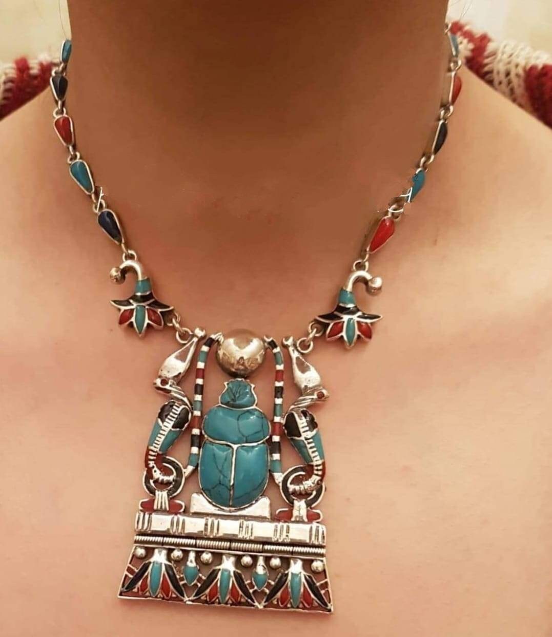 Egyptian Handmade Sterling Silver 925 Scarab Necklace With Sided Cobra With Gemstones - Thumbnail 4