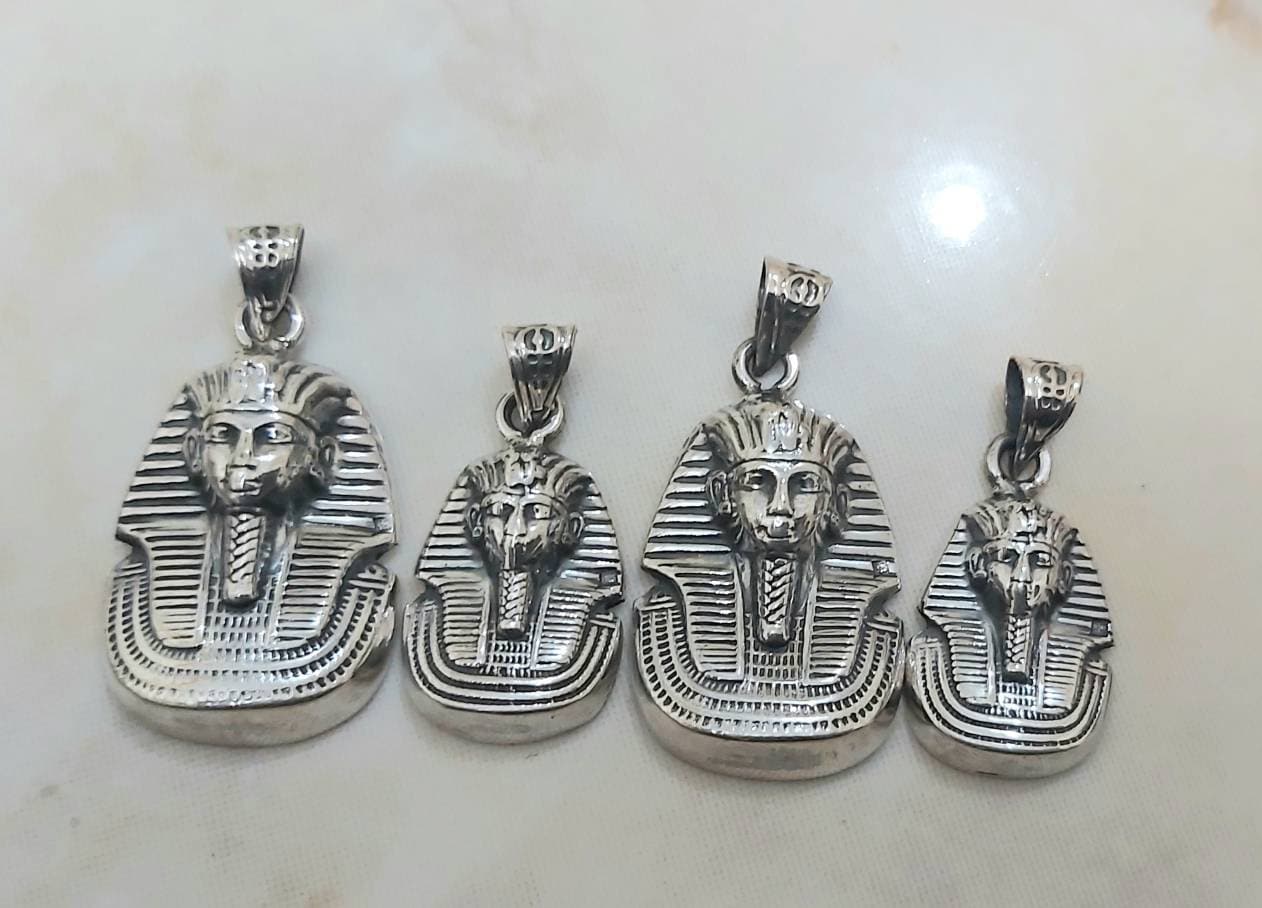 Handmade Egyptian Sterling Silver 925 Oxidized Tutankhamun Mask Pendant - Thumbnail 7