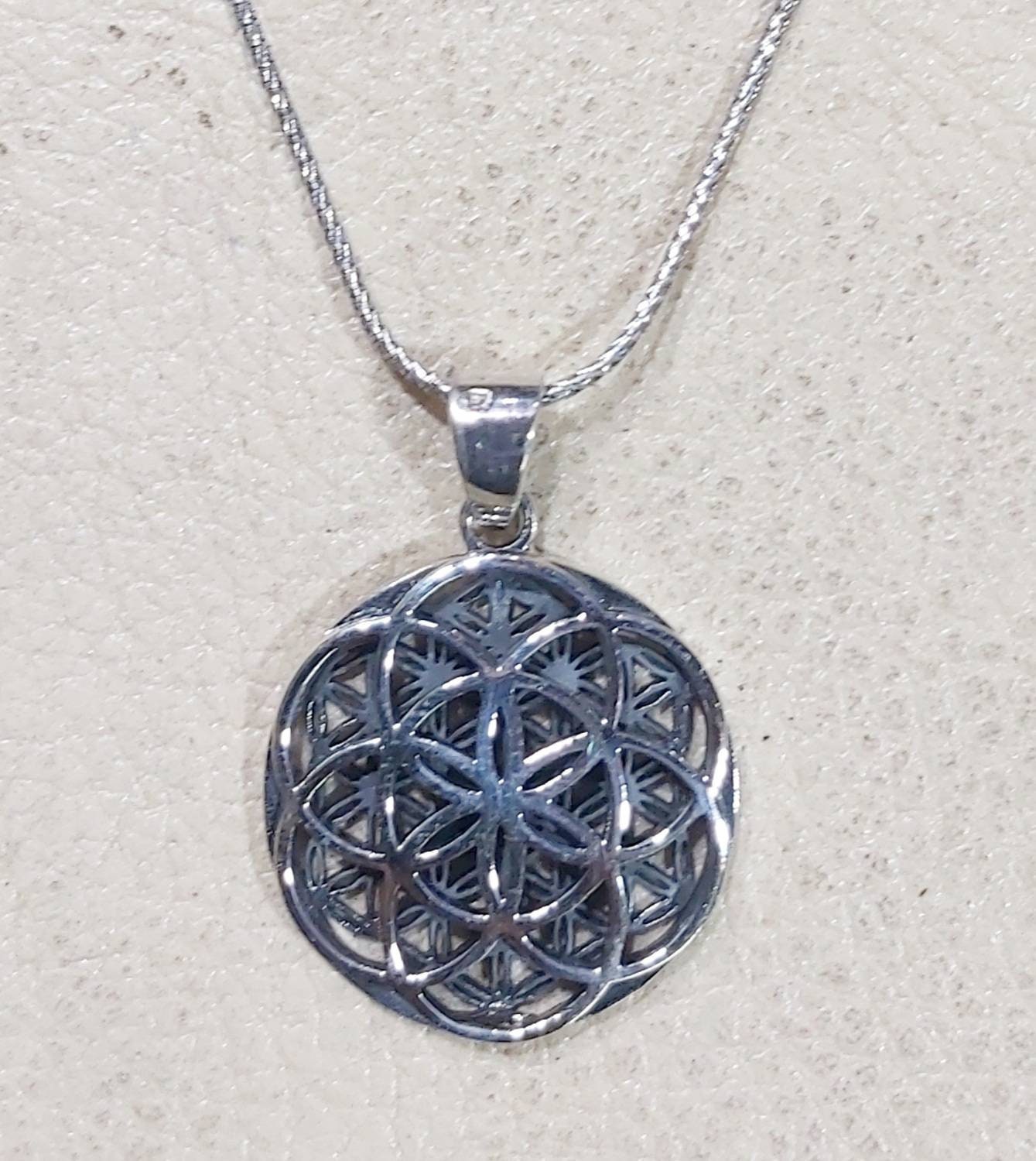 Handmade Egyptian Sterling Silver 925 Oxidized  Flower Of Life Necklace - Thumbnail 2