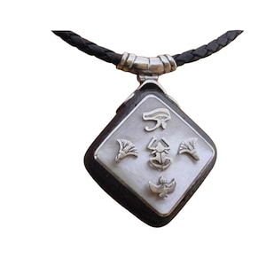 Egyptian Handmade Silver Necklace with Ebony and seashell in Hieroglyphic Symbols
