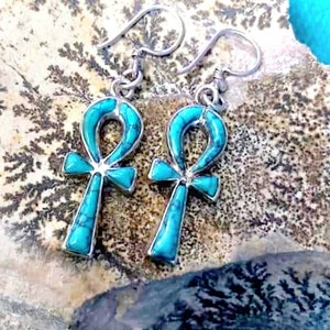 Handmade Egyptian Silver 925 Ankh Earrings with Gemstones