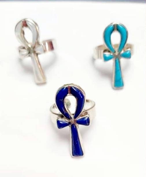 Egyptian Handmade Key of Life Silver 925 Ring With Gemstones, Egyptian Art, Made In Egypt