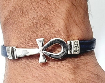 Bracelet Ankh fait main en argent égyptien 925 avec cuir, Bracelet Clé de vie en argent. Bracelet unisexe.
