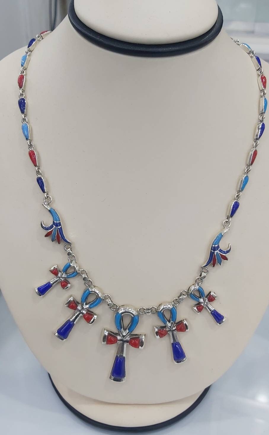 Egyptian Handmade Sterling Silver ankh Necklace with Natural Gemstones - Thumbnail 2