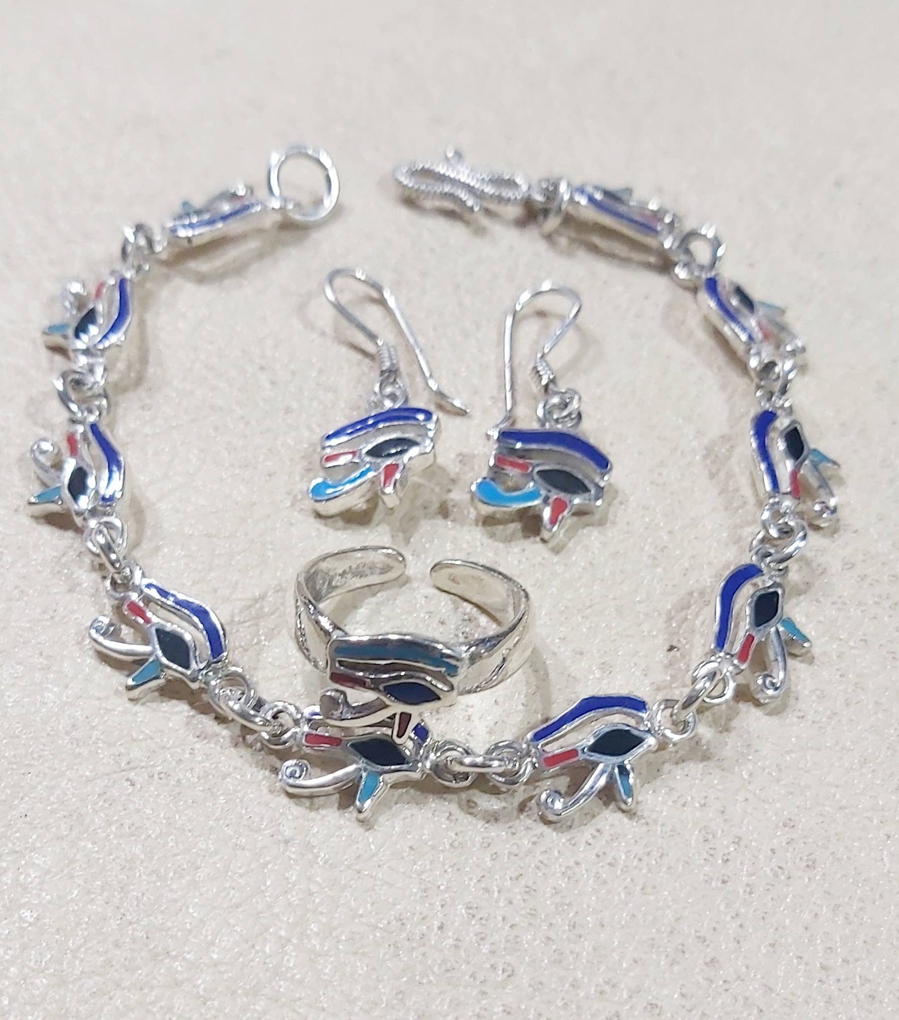 Egyptian Handmade Sterling Silver 925 Handmade Eye of Horus Bracelet And Earring And Free Size Ring - Thumbnail 2