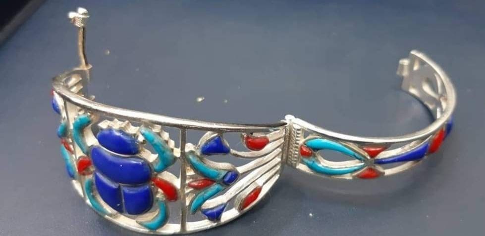 Egyptian Handmade Sterling Silver 925 Scarab With Lotus Flower Bracelet - Thumbnail 5