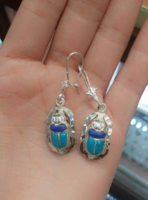 Handmade Egyptian Sterling Silver 925 Scarab Earring - Thumbnail 2