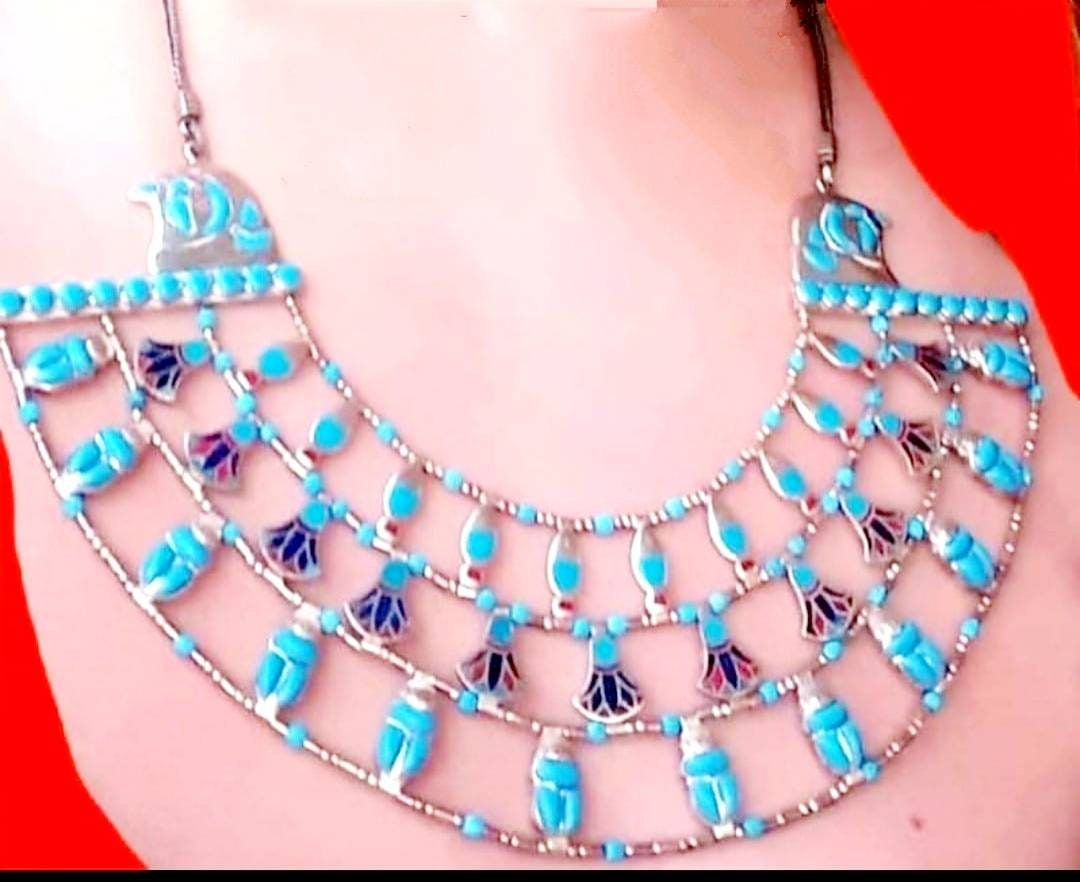 Handmade Egyptian Sterling Silver 925 Nefertiti Main Necklace With Natural Gemstones - Thumbnail 2