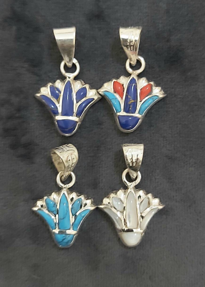 Egyptian Handmade Sterling Silver 925 Lotus Flower Pendant With Gemstones - Thumbnail 4