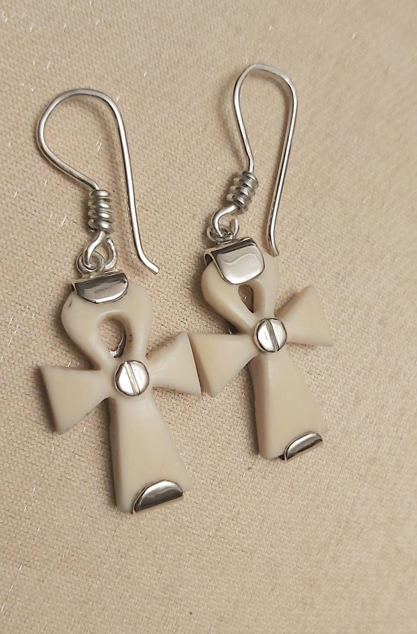 Egyptian Key of life Earring Witg Lotus made of silver 925 And Ivory - Thumbnail 6