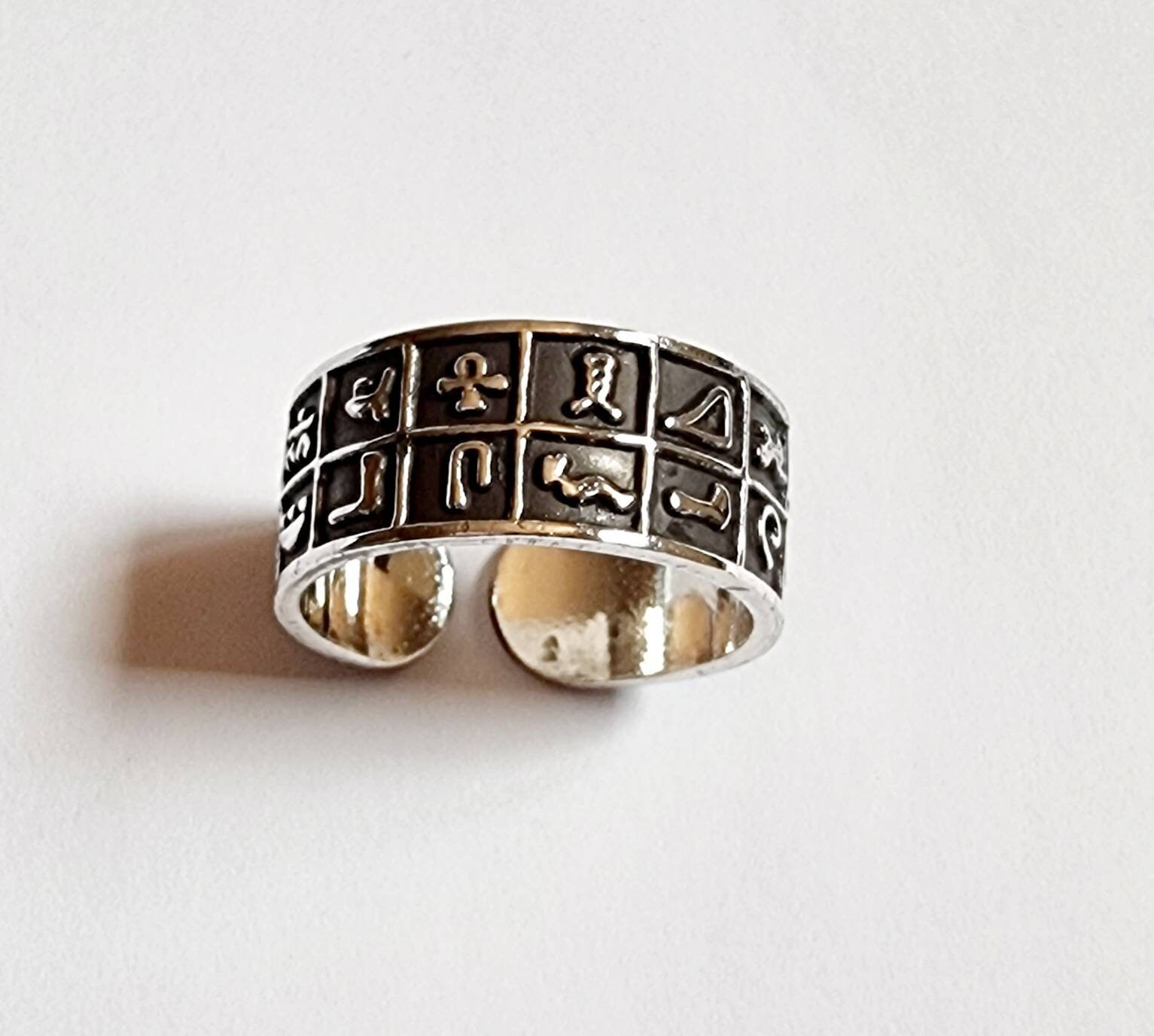 Egyptian Handmade 925 Oxidized Silver Alphabet Free Size Ring - Thumbnail 2