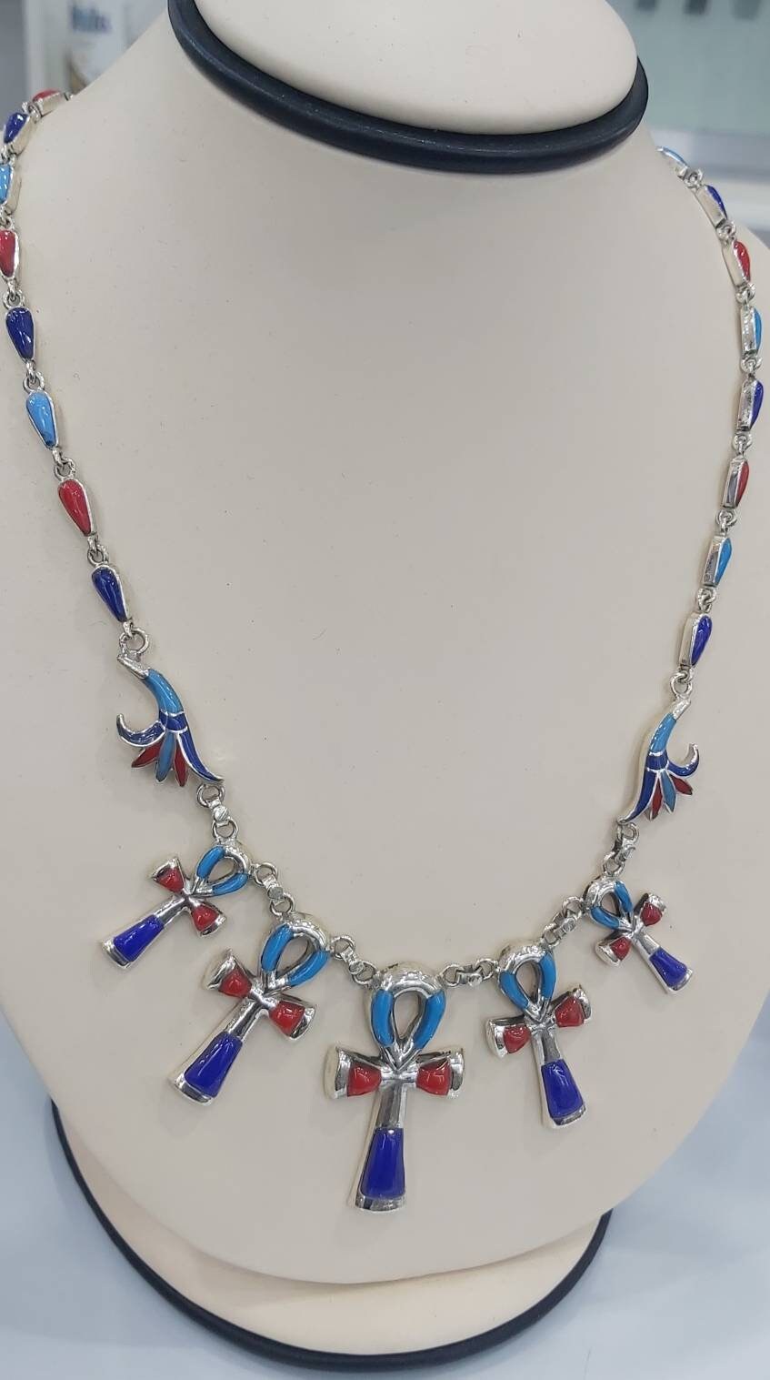 Egyptian Handmade Sterling Silver ankh Necklace with Natural Gemstones - Thumbnail 3