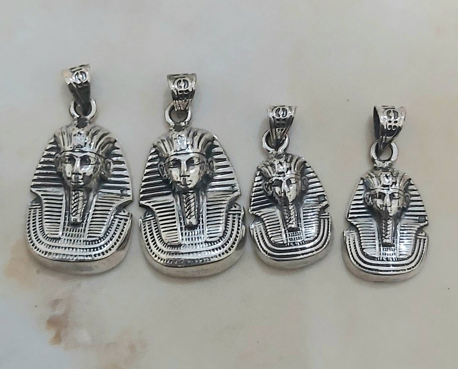 Handmade Egyptian Sterling Silver 925 Oxidized Tutankhamun Mask Pendant - Thumbnail 5