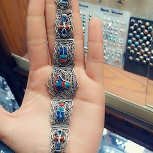 Handmade Egyptian Sterling Silver 925 Filigree Lotus And Scarab Bracelet,Beetle Khepri And lotus Flower Bracelet